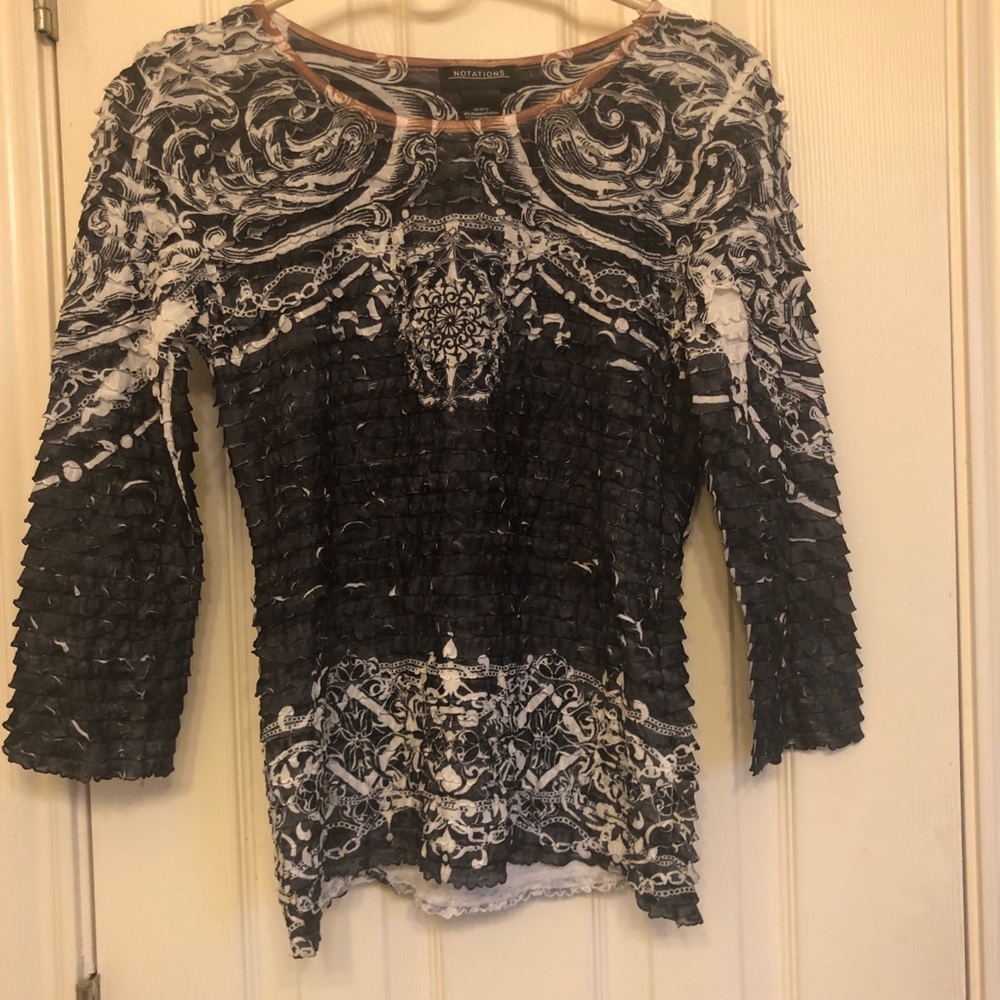 Notations size small gray/white/brown ruffle shirt